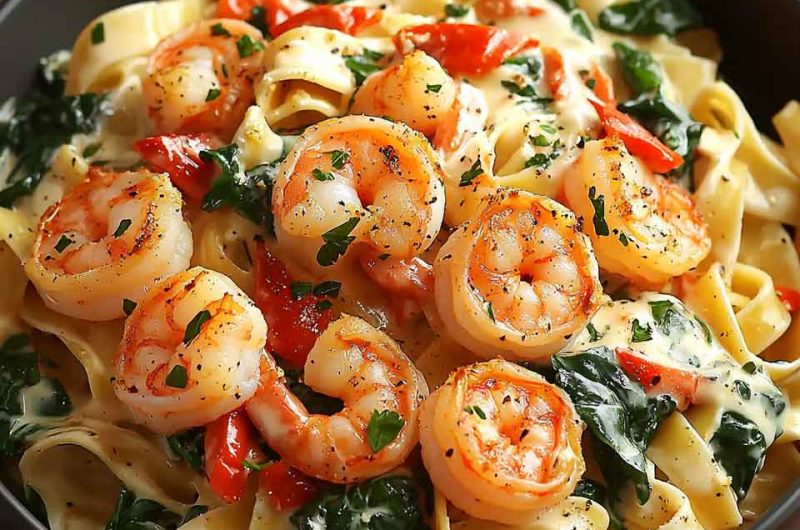 Roasted Red Pepper Alfredo with Shrimp